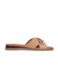 Sandal in pelle marrone chiaro con punta aperta, caratterizzato da un grande nodo decorativo e un tacco a zeppa in legno basso. Texture liscia, design minimale.