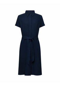 Vestito blu navy a maniche corte con colletto, abbottonatura frontale e cintura alta annodata in vita. Realizzato in tessuto testurizzato, taglio ad A alla lunghezza del ginocchio.
