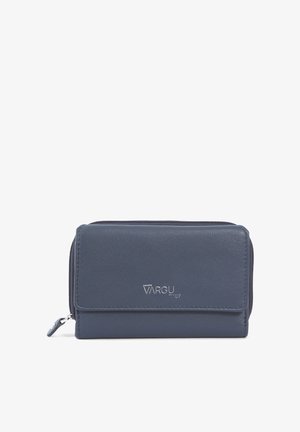 Blue leather wallet with a zippered closure, magnetic flap, and silver logo detail. Rectangular shape with a smooth texture.