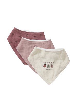 Three cotton baby bibs in cream, light pink, and mauve, with animal prints on the cream bib and floral patterns on the mauve bib.