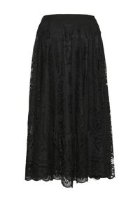 Gonna maxi in pizzo nero con un design a fantasia, fascia elastica in vita e orlo smerlato, che offre una consistenza trasparente e leggera.