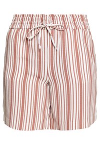 Pruhované šortky s širokým elastickým pasem a tkaničkou. Barvy zahrnují rezavou a bílou, s vertikálními pruhy a měkkou tkaninou.