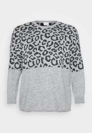Gray sweater with black leopard print design across the upper portion, ribbed neckline and cuffs, soft texture, and loose fit.