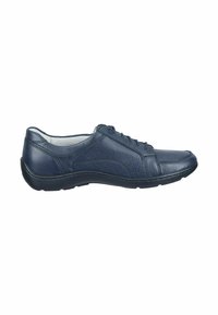 Navy leather sneaker with a textured finish, lace-up design, rubber sole, and subtle stitching details along the upper.