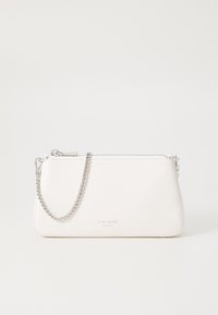 White leather clutch with silver chain strap, zip closure, and subtle logo featured on the front. Smooth texture and rectangular shape.