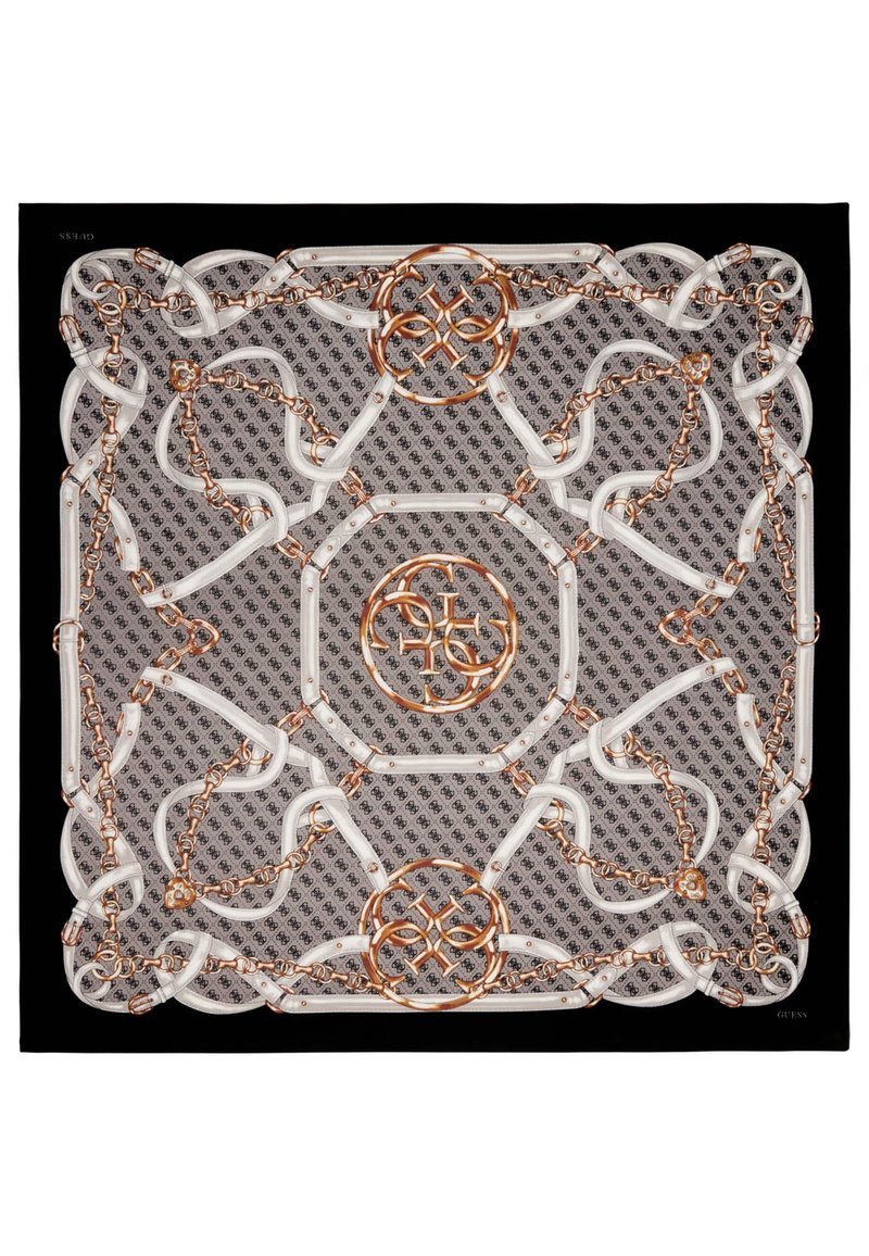 Bufanda estampada con cadenas doradas entrelazadas, correas de cuero blanco y logotipos circulares sobre un fondo gris con borde negro.
