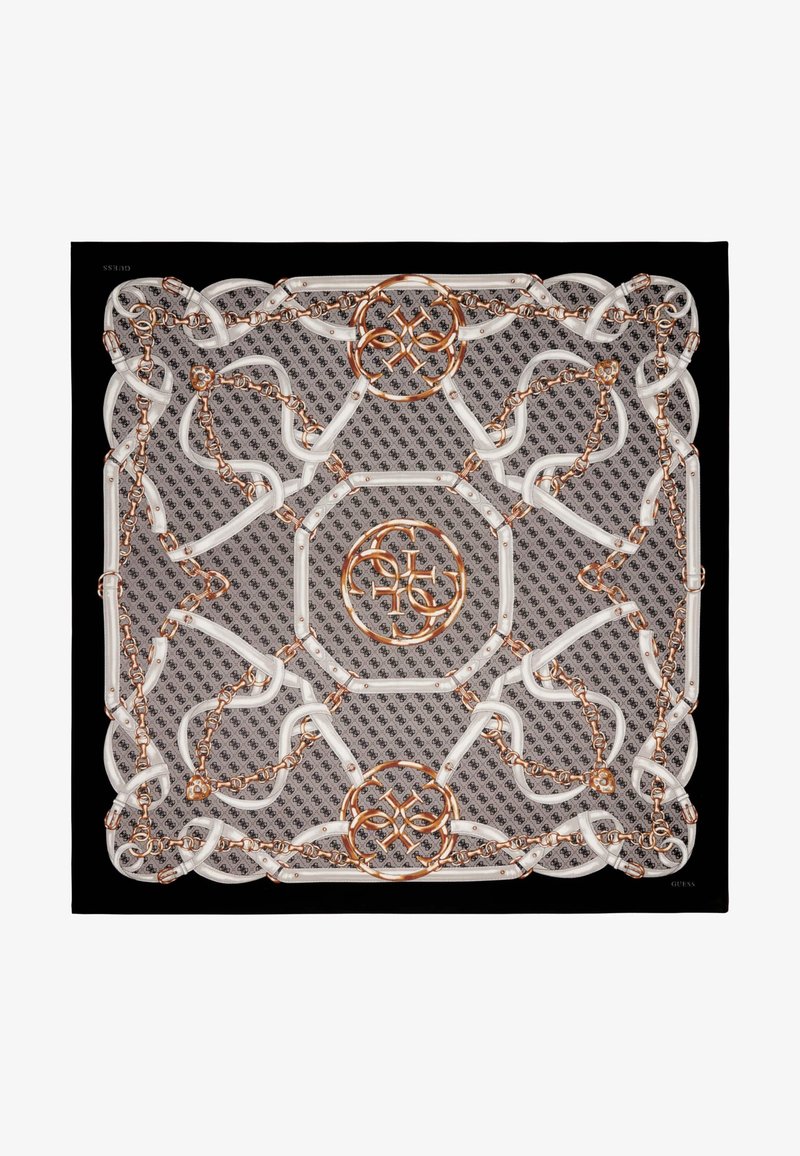 Patterned scarf with interlinked gold chains, white leather straps, and circular logos on a grey background with black border.