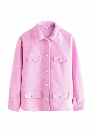 Rosa strukturiertet Jacke mit Kragen, sechs Knopfverschlüssen und zwei Brusttaschen mit runden Hardware-Akzenten.