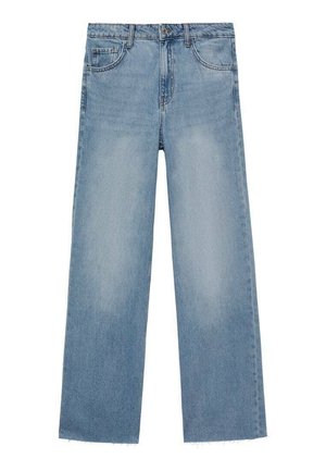 Jean large bleu clair en denim, avec une taille haute, cinq poches et un ourlet brut au niveau de la cheville. Fermeture classique par bouton.