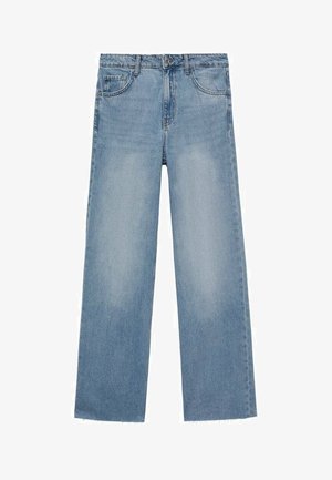 Svetlo modre široke kavbojke iz denima, z visokim pasom, petimi žepi in surovim robom pri gležnju. Klasično zapiranje z gumbom.