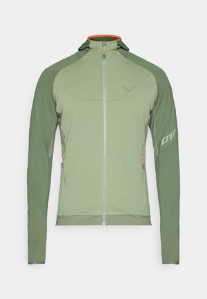 Green hooded jacket with a textured finish, featuring a full zipper, side pockets, and contrasting orange accents on the inner collar.