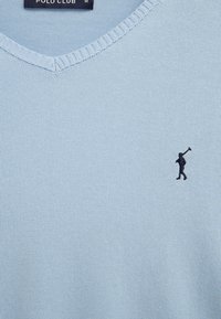 Hellblauer V-Ausschnitt-Pullover mit kleinem, dunkel gesticktem Polospieler-Logo auf der Brust und "Polo Club"-Etikett innen im Kragen.