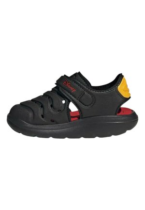 Sandalo nero per bambini con logo Disney rosso sulla fascia, rinforzo giallo sul tallone, tomaia ventilata e suola spessa imbottita.