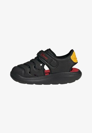 Sandalo nero per bambini con logo Disney rosso sulla fascia, rinforzo giallo sul tallone, tomaia ventilata e suola spessa imbottita.