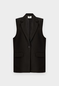 Blazer sans manches noir avec revers à cran, fermeture à un bouton, deux poches avant et texture de tissu lisse.