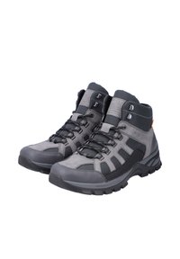 Grau Wanderschuhe mit robustem Design, bestehend aus einer Mischung aus Suede und Mesh, verstärkter Zehenkappe, strukturiertem Sohlenprofil und kontrastierenden Schnürsenkeln.
