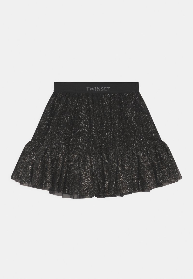 Jupe noire courte avec un design à volants superposés, fabriquée dans un tissu texturé avec des accents de paillettes subtiles. Taille élastique avec logo.