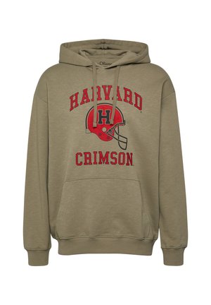 Jasnobrązowa bluza z kapturem z napisem Harvard Crimson i grafiką czerwonego hełmu futbolowego na przodzie, wyposażona w kieszeń typu kangur i kaptur ze sznurkiem.