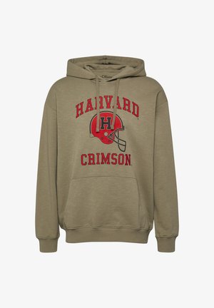 Hellbrauner Hoodie mit Harvard Crimson-Schriftzug und einer Grafik eines roten Footballhelms auf der Vorderseite, ausgestattet mit einer Bauchtasche und einer Kordelzugkapuze.