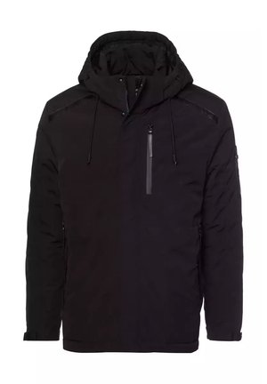 Czarna ocieplana kurtka z kapturem, z estetycznym zamkiem z przodu, dwoma kieszeniami bocznymi oraz kieszenią na klatce piersiowej z zamkiem błyskawicznym. Gładki, lekki materiał.
