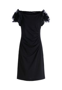 Schwarzes Kleid mit schulterfreiem Design, strukturierten, durchsichtigen Rüschen an den Ärmeln, gerafftem Detail in der Taille und glatter Stoffoberfläche.