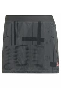 En grå träningskjol med abstrakta svarta mönster, en slät textur och ett brett svart midjeband. Inkluderar en liten rosa logotyp på sidan.