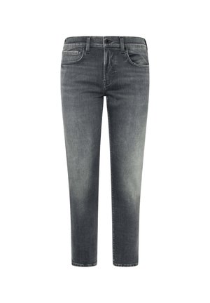 Grå denim jeans med lige pasform; har fem lommer, subtil slidtage og en falmet finish. Lukningen inkluderer en knap og en lynlås.