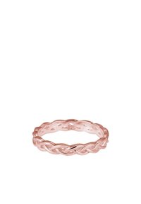 Anello in oro rosa con design attorcigliato, caratterizzato da una superficie liscia e una finitura lucida. Marcato "925" che indica il contenuto di argento.