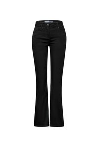 Svarta denimbyxor med utsvängd ben, medellång midja, femficksdesign och subtila sömnadsdetaljer. Slät textur och hållbart material.