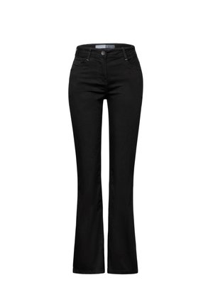 Schwarze, ausgestellte Jeanshose mit mittelhoher Taille, Fünf-Taschen-Design und subtilen Steppdetails. Glatte Textur und strapazierfähiger Stoff.