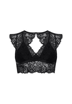 Zwarte kant bralette met capmouwen, voorzien van bloemmotieven, een diepe V-hals en een soepele band aan de onderkant. Textured kant voegt detail toe.