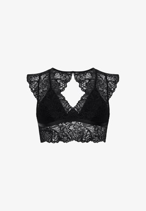 Fekete csipkés bralette, kapucnis ujjakkal, virágmintákkal, mély V-nyakkivágással és sima alsó pánttal. A textúrázott csipke részletességet ad.