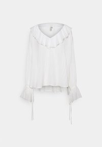 Blusa bianca con scollo a V arricciato, maniche lunghe con polsini regolabili e una texture plissettata per un tocco in più.