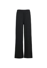 Pantalons larges noirs en tissu doux et texturé avec un léger éclat, dotés d'une taille élastique pour plus de confort et de facilité.