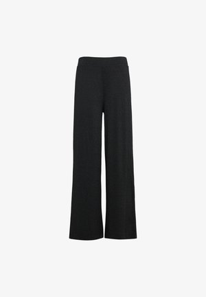 Zwarte wijde broek, gemaakt van een zachte, gestructureerde stof met een subtiele glans, met een elastische tailleband voor comfort en gemak.