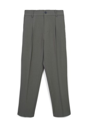 Pantalons plissés gris avec une taille plate, deux poches latérales, une fermeture à un bouton et une légère tapered au niveau des chevilles. Texture de tissu lisse.