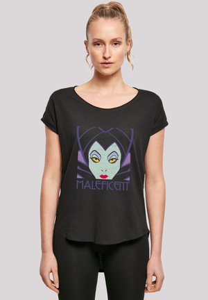 Black T-shirt with short sleeves featuring a graphic of Maleficent's face in green, purple, and yellow, with the text "MALEFICENT" below.