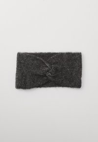 Dark gray knitted fabric headband with a twisted knot detail in the center, laid flat on a light background.