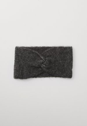 Dark gray knitted fabric headband with a twisted knot detail in the center, laid flat on a light background.
