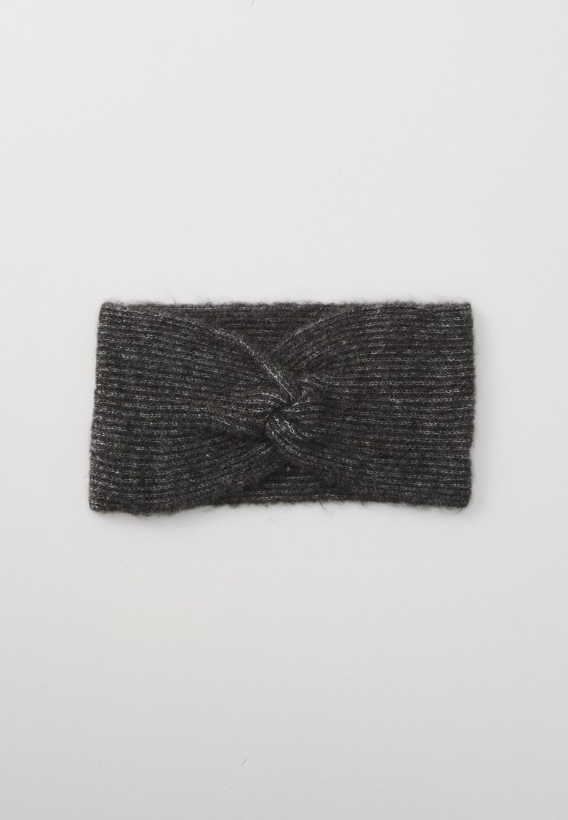 Dark gray knitted fabric headband with a twisted knot detail in the center, laid flat on a light background.