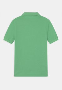 Zielona koszulka polo z krótkimi rękawami, prążkowanym kołnierzykiem i gładką teksturą. Widok z tyłu pokazuje równo zszyte szwy i prosty design.