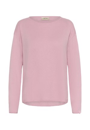 Langarm-Top in zartrosa mit rundem Ausschnitt, weicher Strickstruktur und lockerem Schnitt, ausgestattet mit einem leicht geschwungenen Saum und minimaler Markenkennzeichnung.