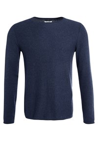 Maglione a maniche lunghe di colore blu navy con scollatura rotonda. Presenta un tessuto textured e una vestibilità comoda senza chiusure visibili.