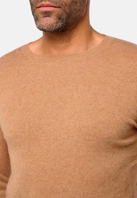 Mann mit gestutztem Bart, der einen hellbraunen Rundhals-Pullover vor einem einfarbigen Hintergrund trägt.