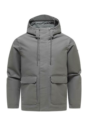 Grå hættejakke med frontlynlås, snoretræk og to store frontlommer med klap, lavet af glat vejrbestandigt stof.