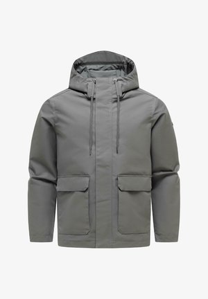 Giacca grigia con cappuccio, cerniera frontale, coulisse e due grandi tasche frontali con patta, realizzata in tessuto liscio e impermeabile.