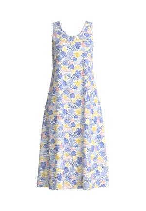 Robe sans manches de coupe trapèze avec encolure dégagée, présentant un motif floral et feuillage multicolore en bleu, jaune et rose sur fond blanc.