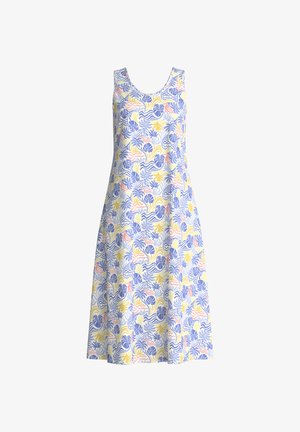 Robe sans manches de coupe trapèze avec encolure dégagée, présentant un motif floral et feuillage multicolore en bleu, jaune et rose sur fond blanc.