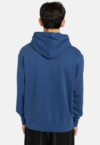 Blue hooded sweatshirt with a soft texture, casual design, and ribbed cuffs and hem. Features a spacious hood and relaxed fit.