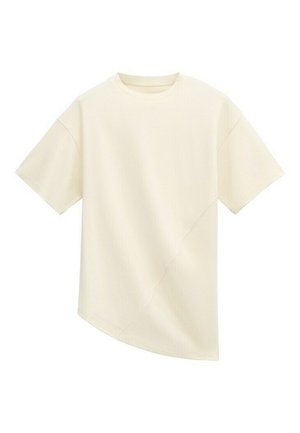 Belo-bež kratka majica s kratkimi rokavi, okroglo izrezom in asimetričnim robom z diagonalno šivno detajlom.